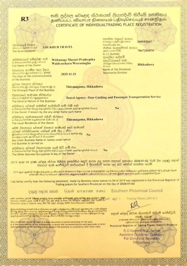 Tourhub Travel Sri Lanka Registration Certificate